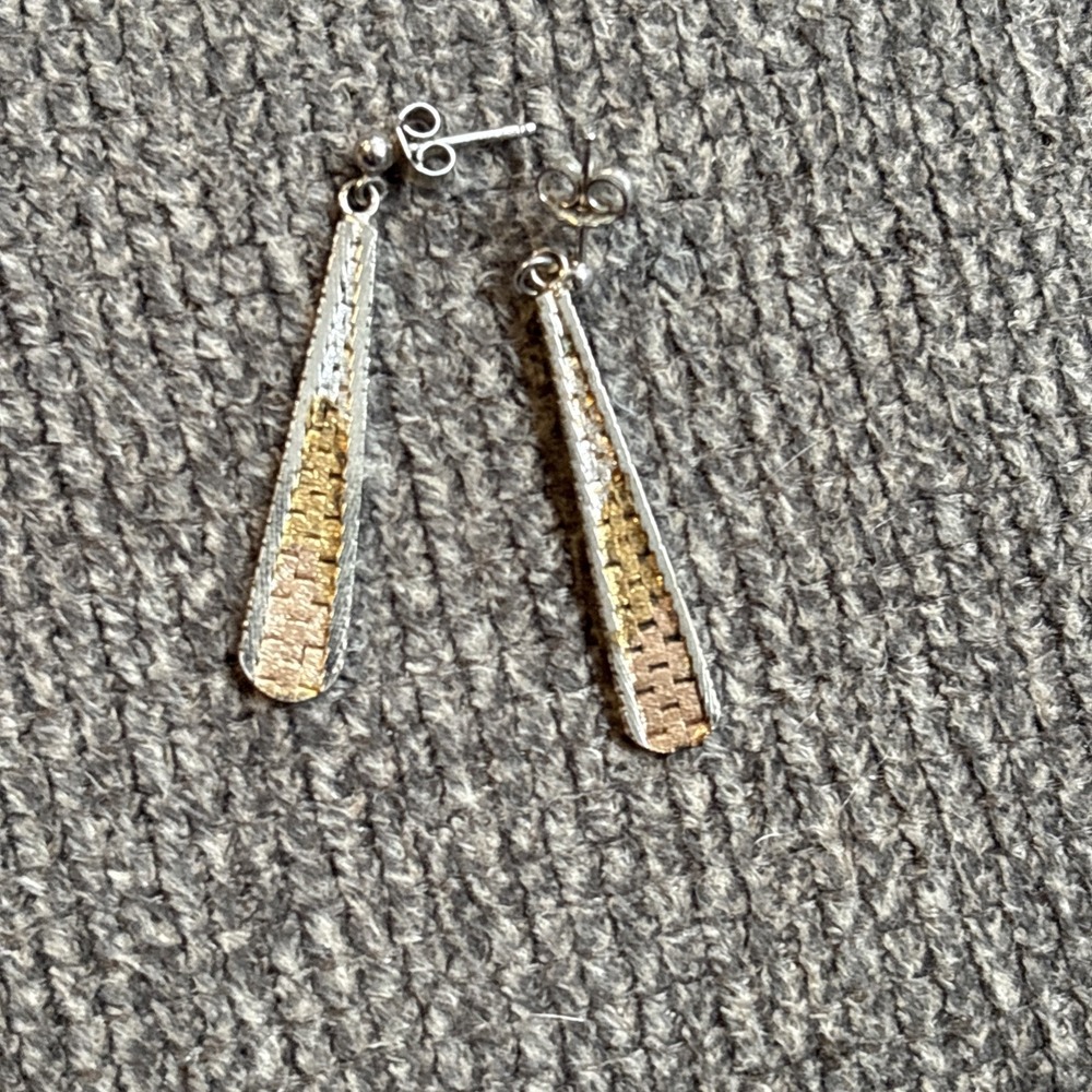 Tricolor Sterling Silver Woven Triangular Drop Dangle Post Earrings Tri-tone